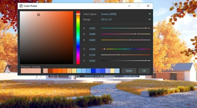 Funcionalidades V Ray para SketchUp Interfaz selector de color