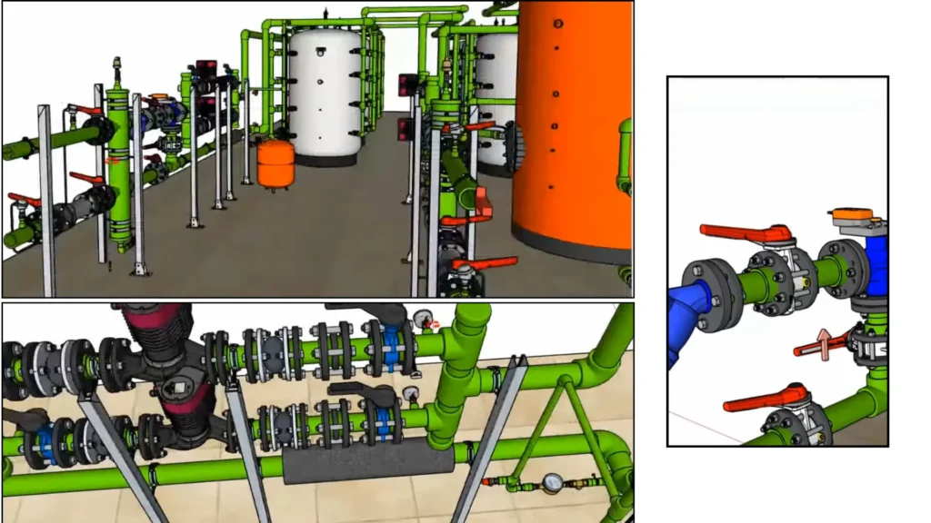 Visualização em SketchUp 3D com precisão dos elementos e como a criação do modelo se adapta às instalações do hotel.