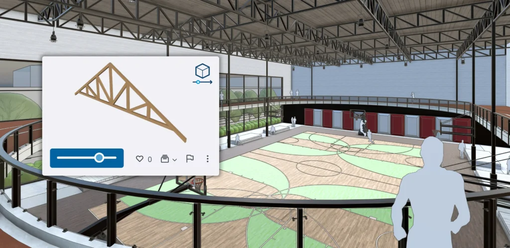 um modelo que mostra um campo de basquetebol verde com uma pista de atletismo de nível superior à sua volta e uma janela exterior que mostra uma possível configuração de um componente vivo do campo.
