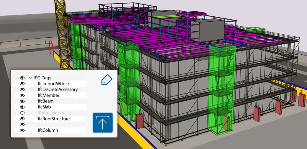 Um ficheiro IFC que mostra o exterior de uma estrutura de edifício importado para o SketchUp com um ecrã que mostra os elementos IFC como uma etiqueta do SketchUp com um botão de carregamento.