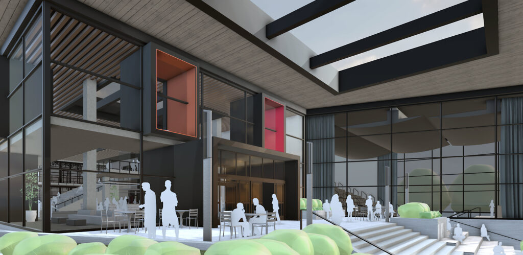 Modelo 3D feito com SketchUp 2025 mostrando o exterior de um centro comunitário moderno com grandes paredes envidraçadas e figuras de pessoas no exterior do edifício.