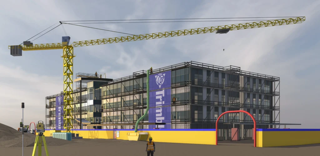 Modelo Revit importado do SketchUp que mostra o exterior de um edifício comercial em construção com uma grande grua amarela e outras ferramentas de construção em primeiro plano.