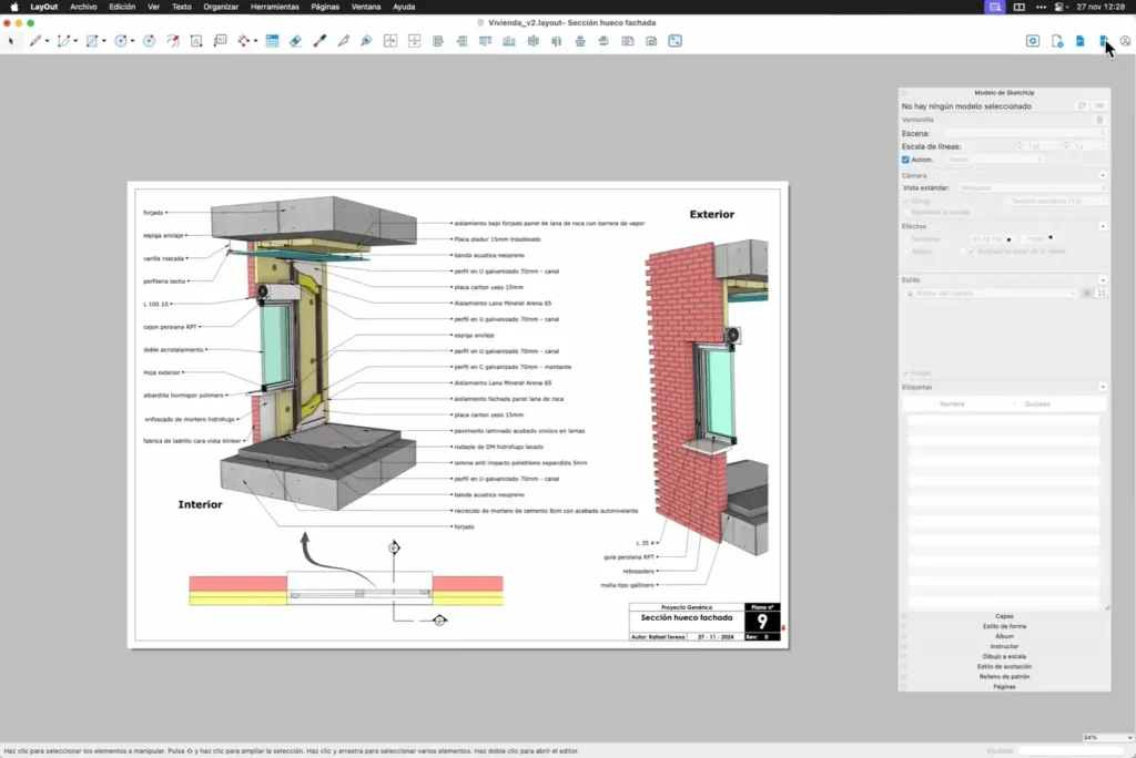 Captura de ecrã de um documento LayOut do SketchUp que mostra detalhes de documentação e etiquetagem num modelo BIM.