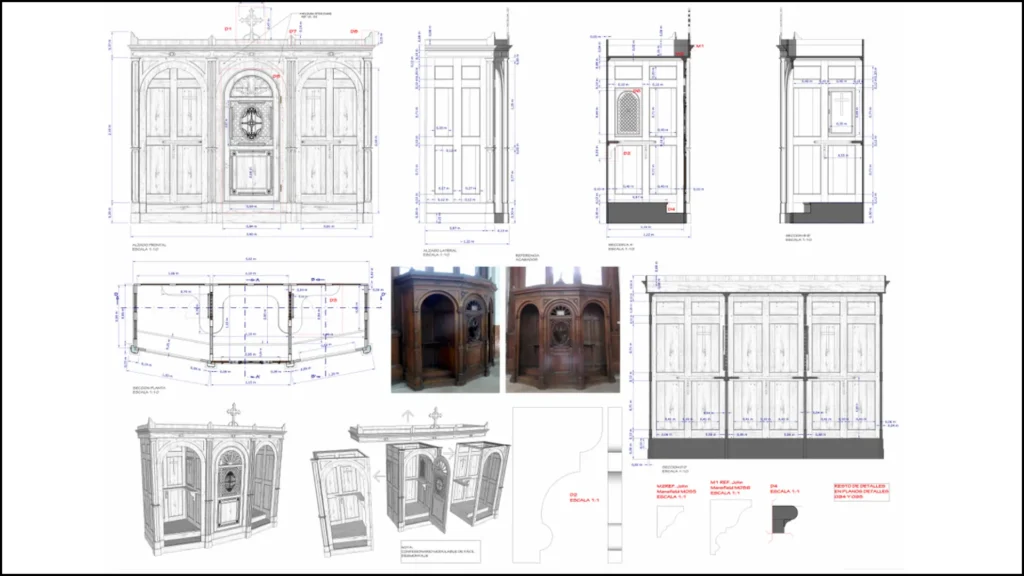 Plano de construção da série Still Star Crossed do confessionário de Notre Dame feito em Sketch Up.