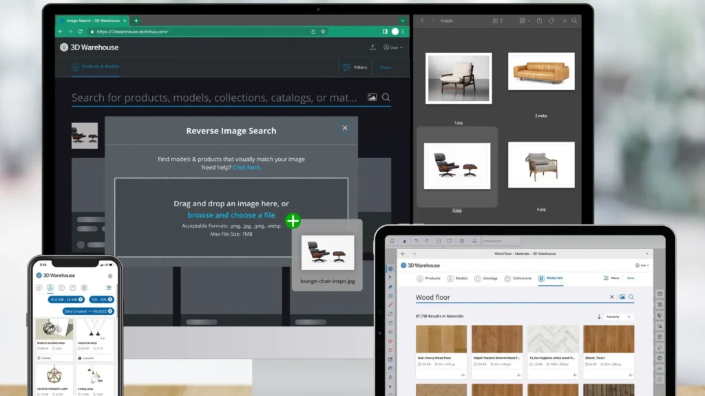 Acesso ao SketchUp 3D Warehouse, uma extensa biblioteca de modelos 3D para integrar nos seus projectos.