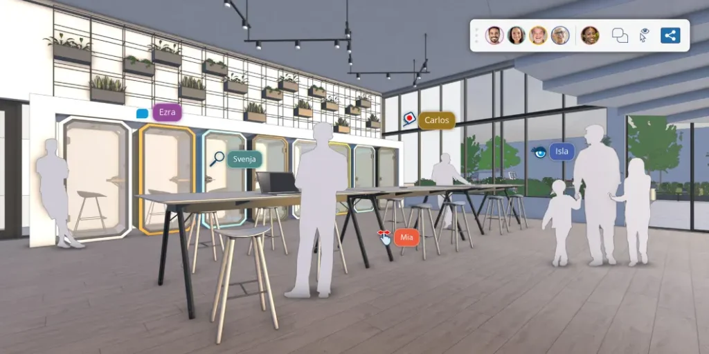 Modelo de SketchUp que muestra iconos de usuarios sobrevolando el modelo para ilustrar la nueva función de colaboración con visualización en tiempo real.