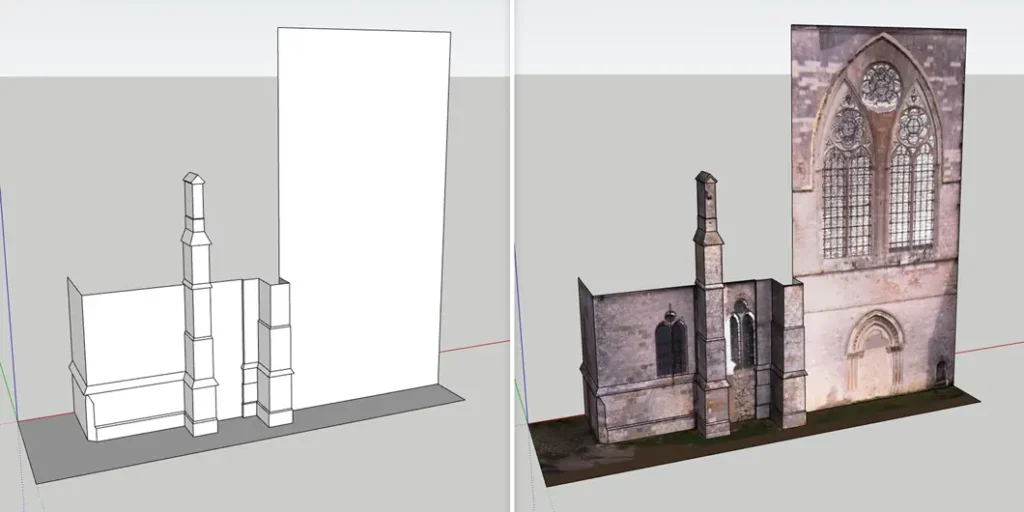 Comparativa lado a lado de un modelo de la fachada de una iglesia, mostrando un modelo básico y otro con la nueva función de Proyección de Textura.