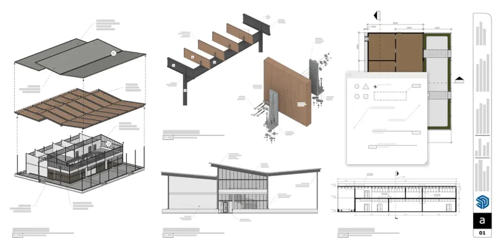 Documento de LayOut que muestra detalles de construcción exterior, cortes seccionales, el nuevo menú de recortes y una barra lateral con detalles.