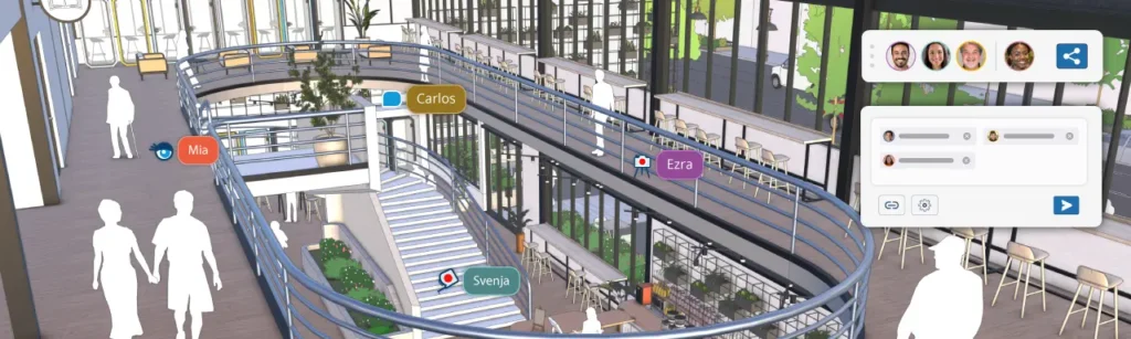 "Captura de ecrã da versão mais recente da interface do SketchUp, onde se pode ver vários utilizadores a visualizar um modelo de um espaço comunitário ao mesmo tempo. Isto é mostrado com quatro rostos na barra de colaboração e quatro ícones acima do modelo.