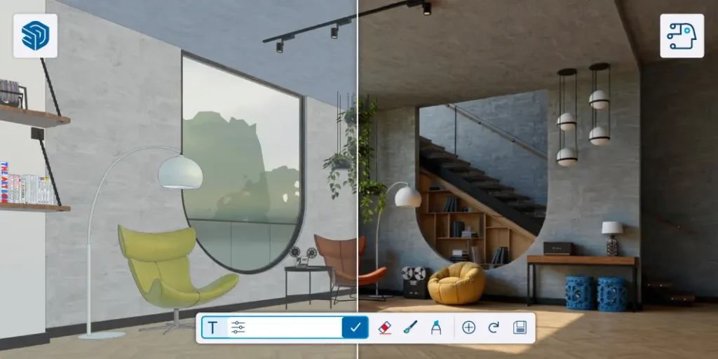 Un espacio residencial con el modelo en estilo boceto a la izquierda y un renderizado con Diffusion del espacio a la derecha.