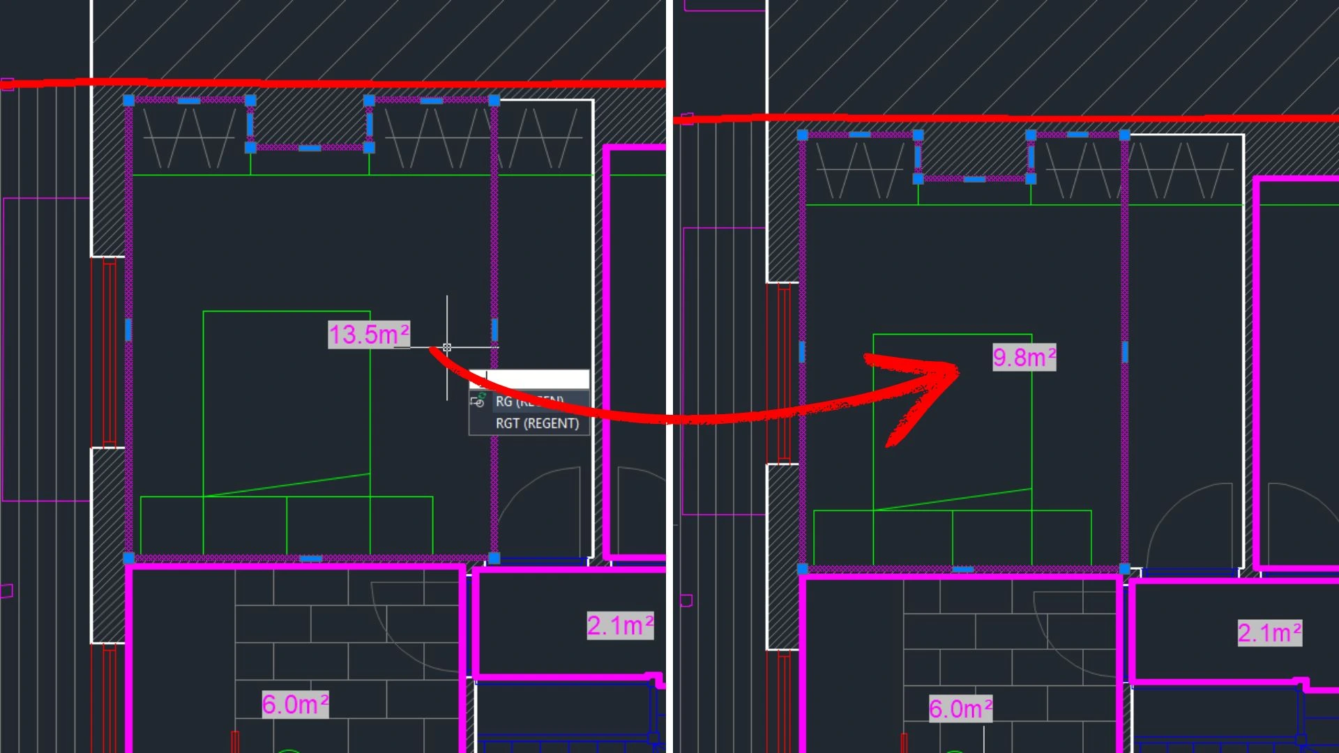 Plantilla de GstarCAD donde aparece la misma habitación con distinto tamaño y con sus áreas calculadas automáticamente