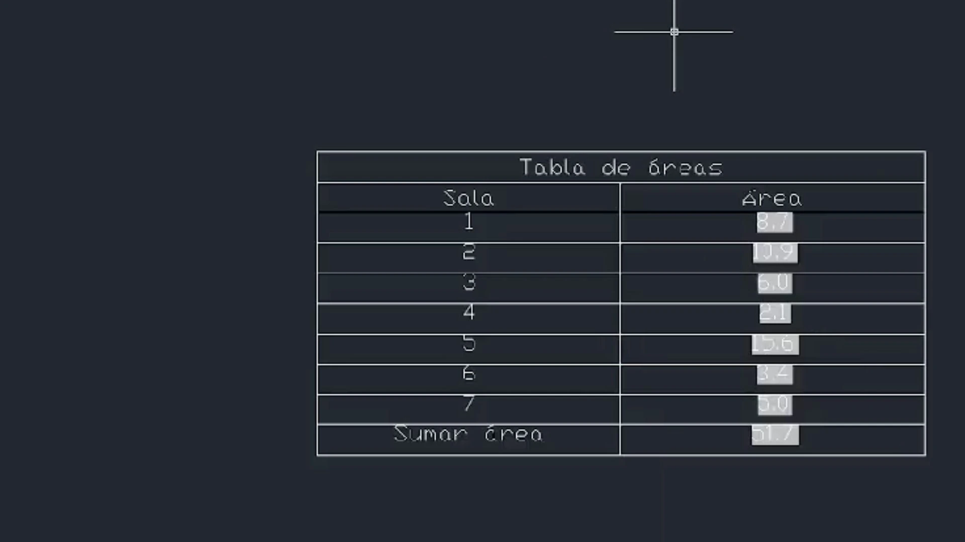 Imagen de una tabla de áreas de GstarCAD incrustada en formato de texto