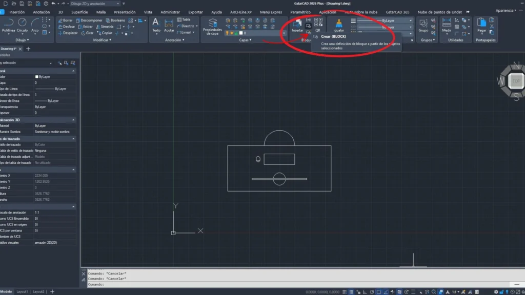 Imagem de um desenho no GstarCAD mostrando a opção Criar bloco.