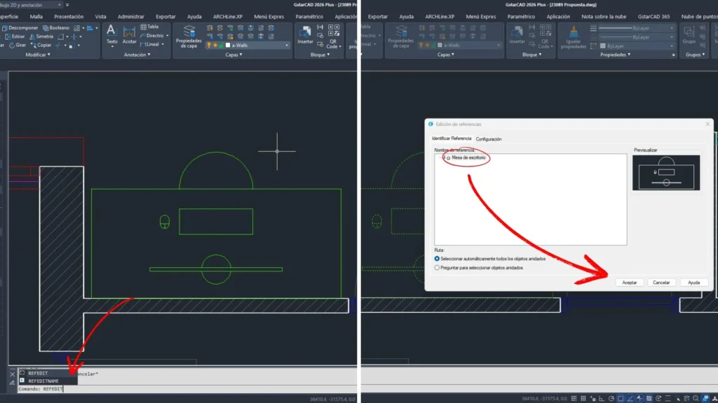 Colagem de imagens de um desenho GstarCAD mostrando o comando REFEDIT para modificar o bloco sem entrar no editor.
