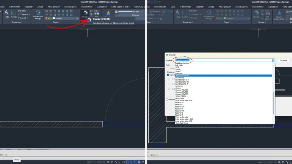 Colagem de imagens de um desenho GstarCAD mostrando o comando INSERT e como procurar o nosso bloco.
