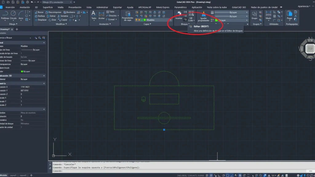 Imagem de um desenho GstarCAD mostrando o botão Editar.