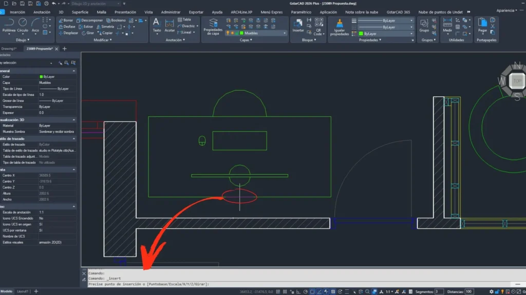 Imagem de um desenho GstarCAD que mostra como é selecionado o ponto de inserção do nosso bloco.