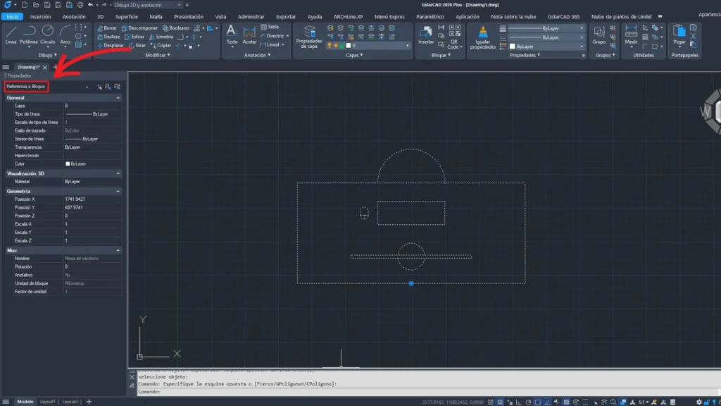 Imagem de um desenho GstarCAD mostrando o bloco já referenciado.
