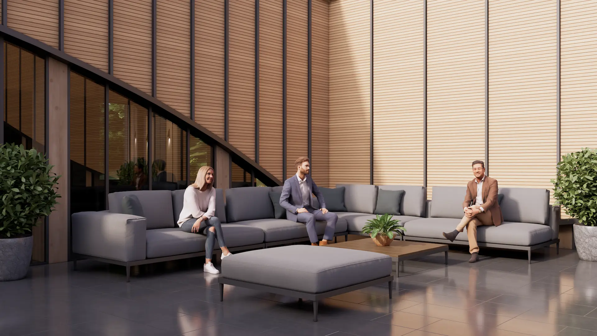 Render arquitectónico generado con Enscape sin mejoras de inteligencia artificial. Muestra una escena interior con iluminación natural y materiales base.