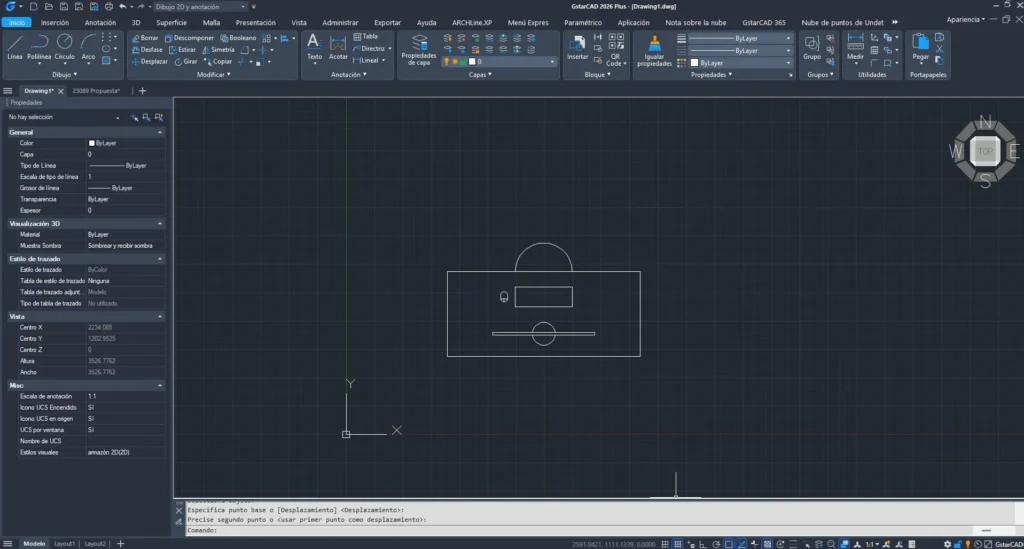 Imagem de um desenho GstarCAD que mostra uma secretária com os seus elementos.