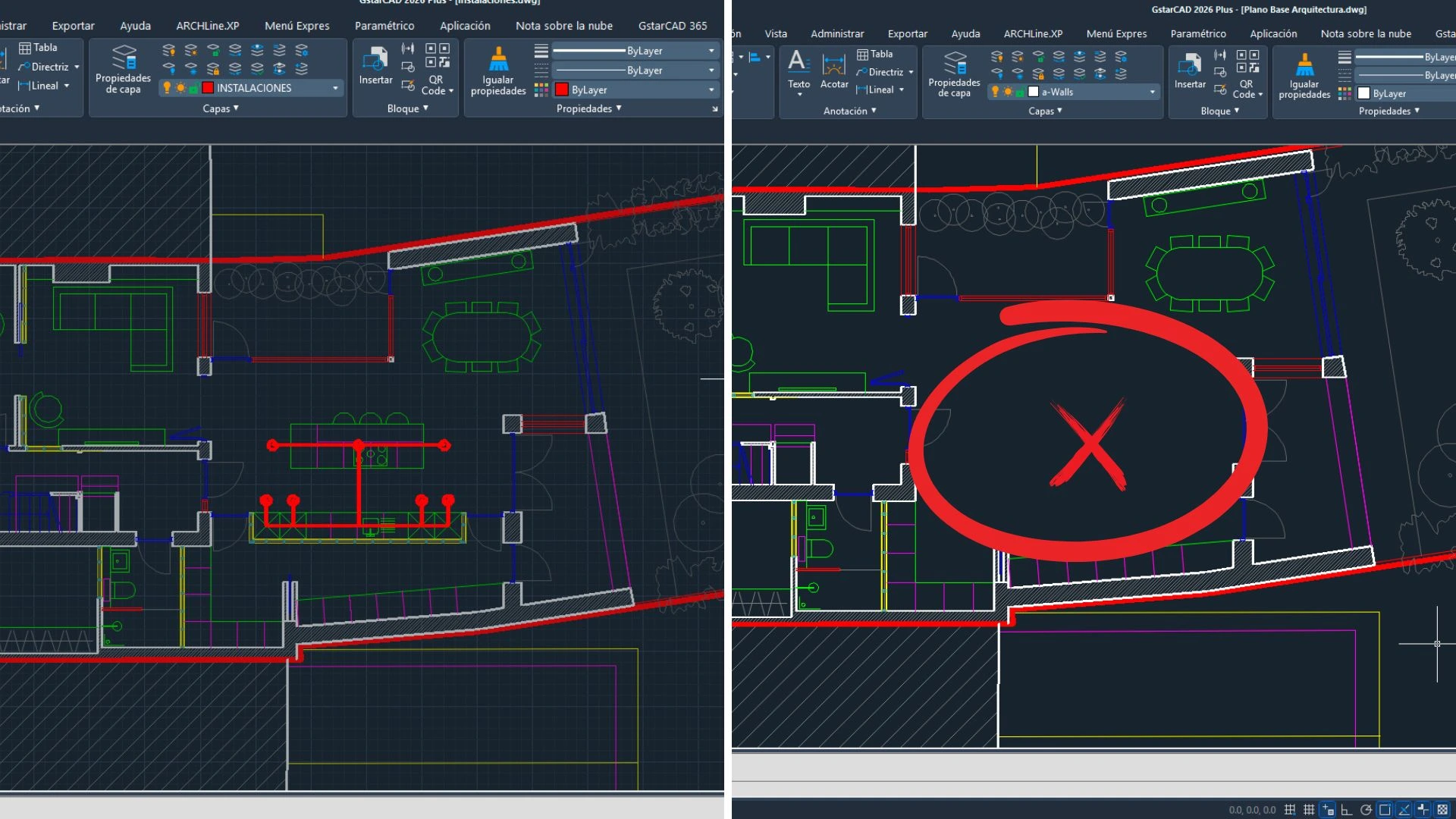 Plantilla de GstarCAD donde se ha modificado solamente una parte de estancia utilizando referencias externas.