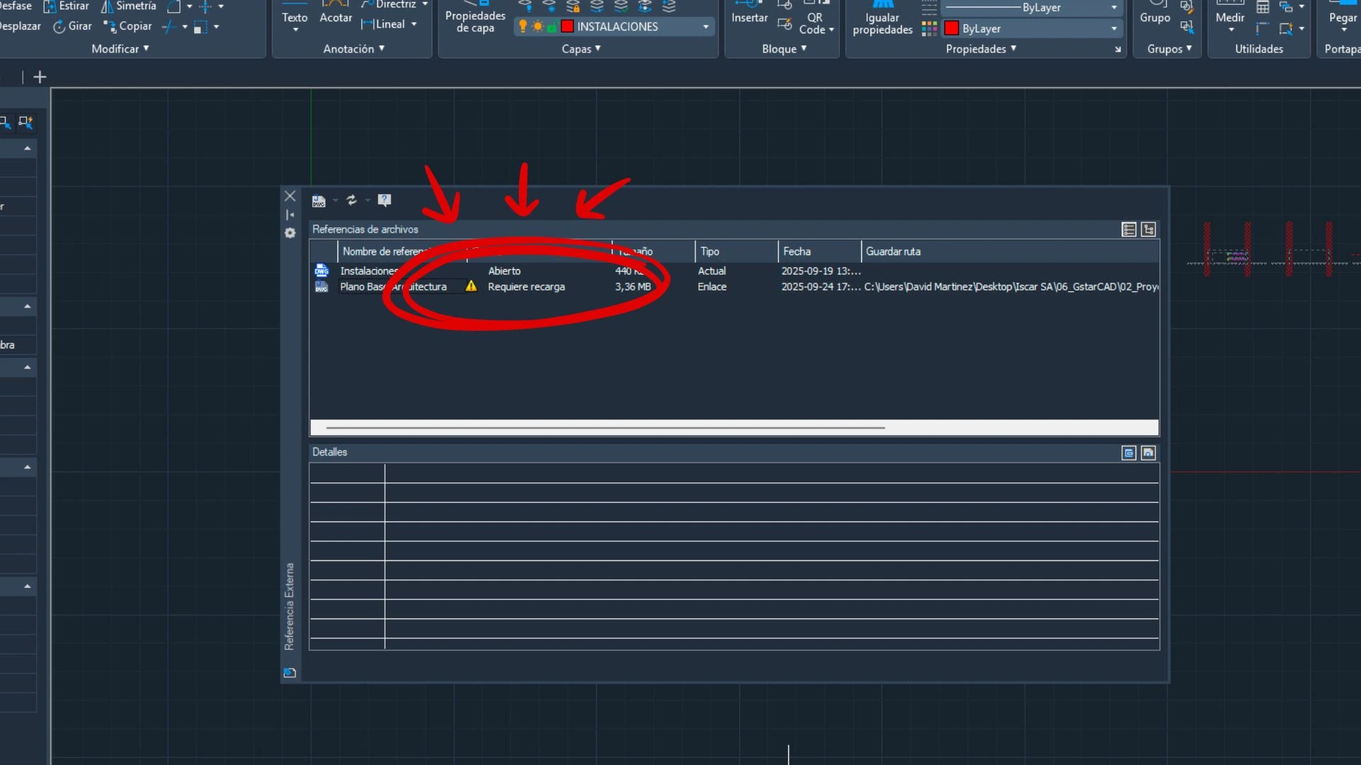 Tabla de referencias de archivos dentro de una plantilla de GstarCAD la cual requiere recarga.