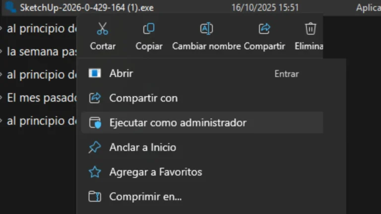 Imagen del ejecutable de SketchUp donde se acciona el clic derecho para ejecutar el archivo como Administrador