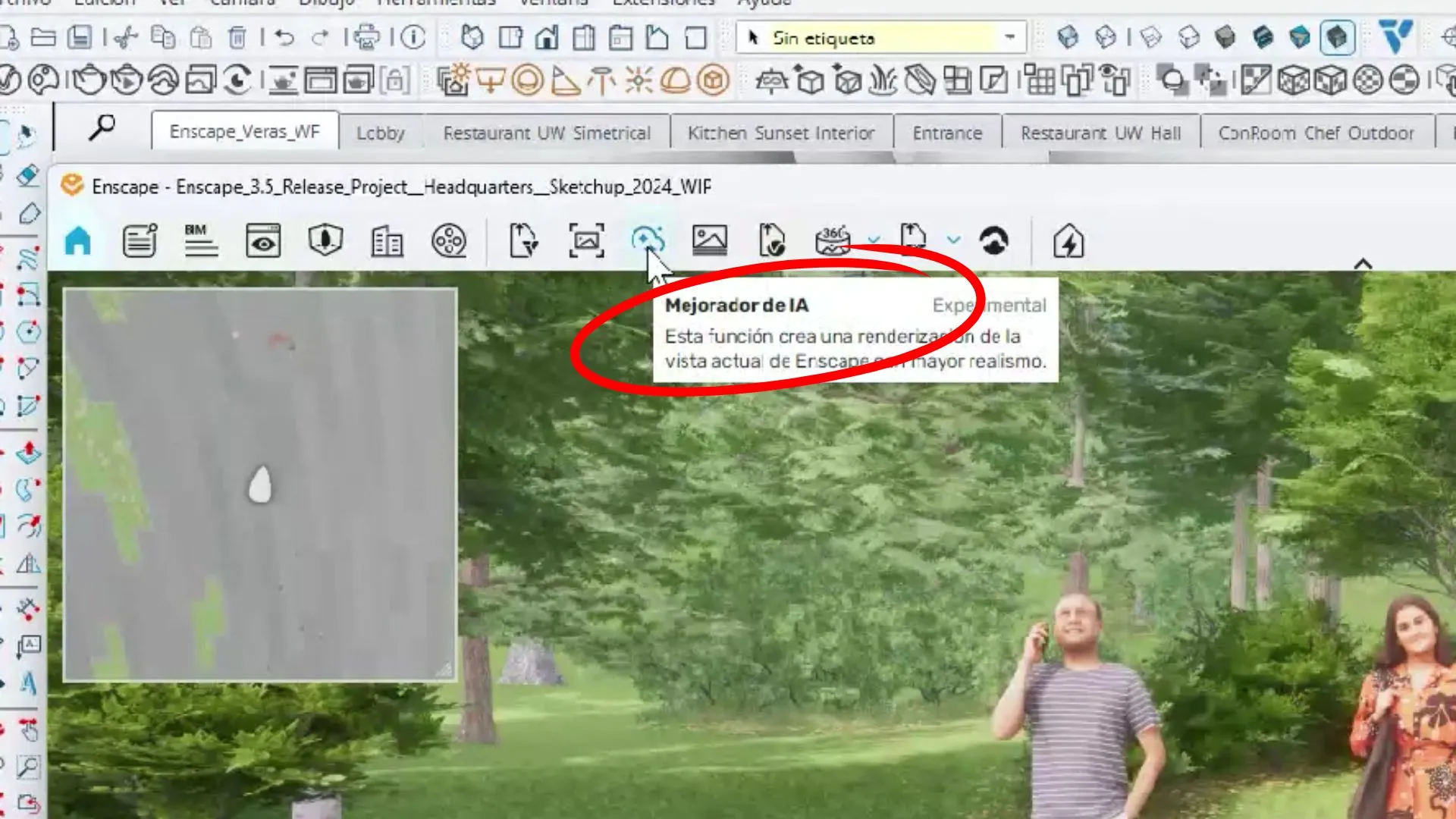 Imagen de un trabajo en SketchUp con Enscape donde se señala la herramienta IA Enhancer