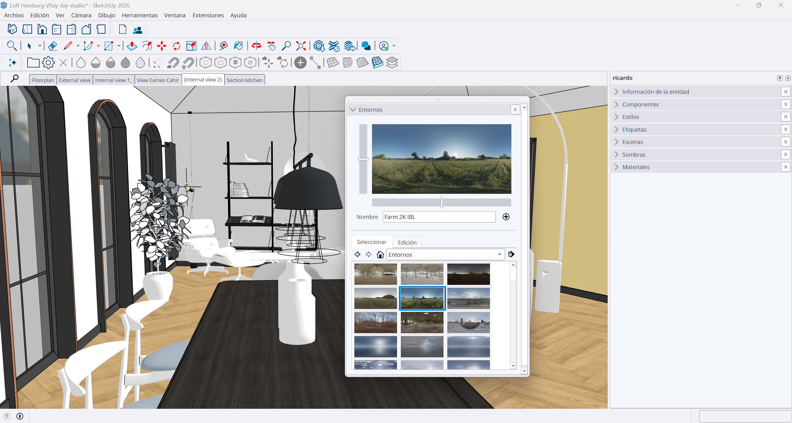 Imagen de un modelo de SketchUp donde podemos ver la herramienta Entornos con un entorno seleccionado