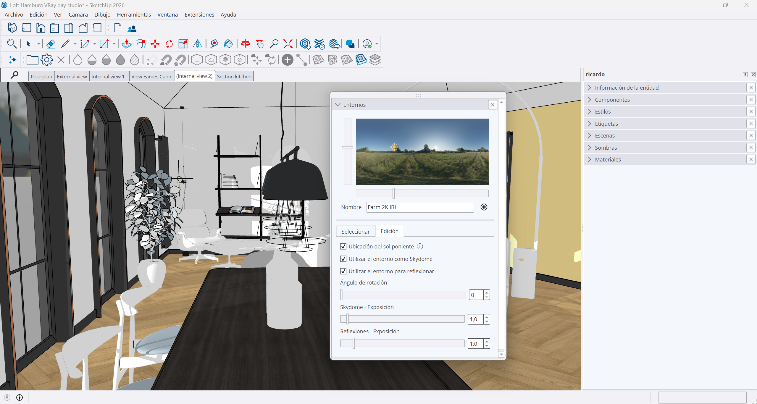 Imagem de um modelo do SketchUp onde se pode ver a ferramenta Ambientes na secção Edição, onde é possível modificar o ambiente.