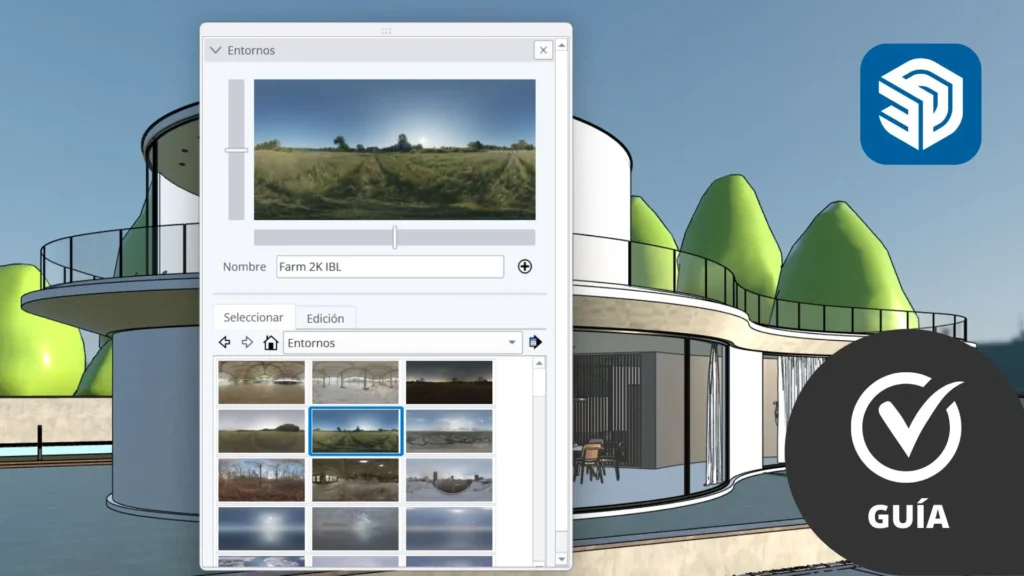 Imagen destacada del blog de Sketchup sobre los entornos fotorrealistas donde se ve un modleo con la ventana de la herramienta Entornos