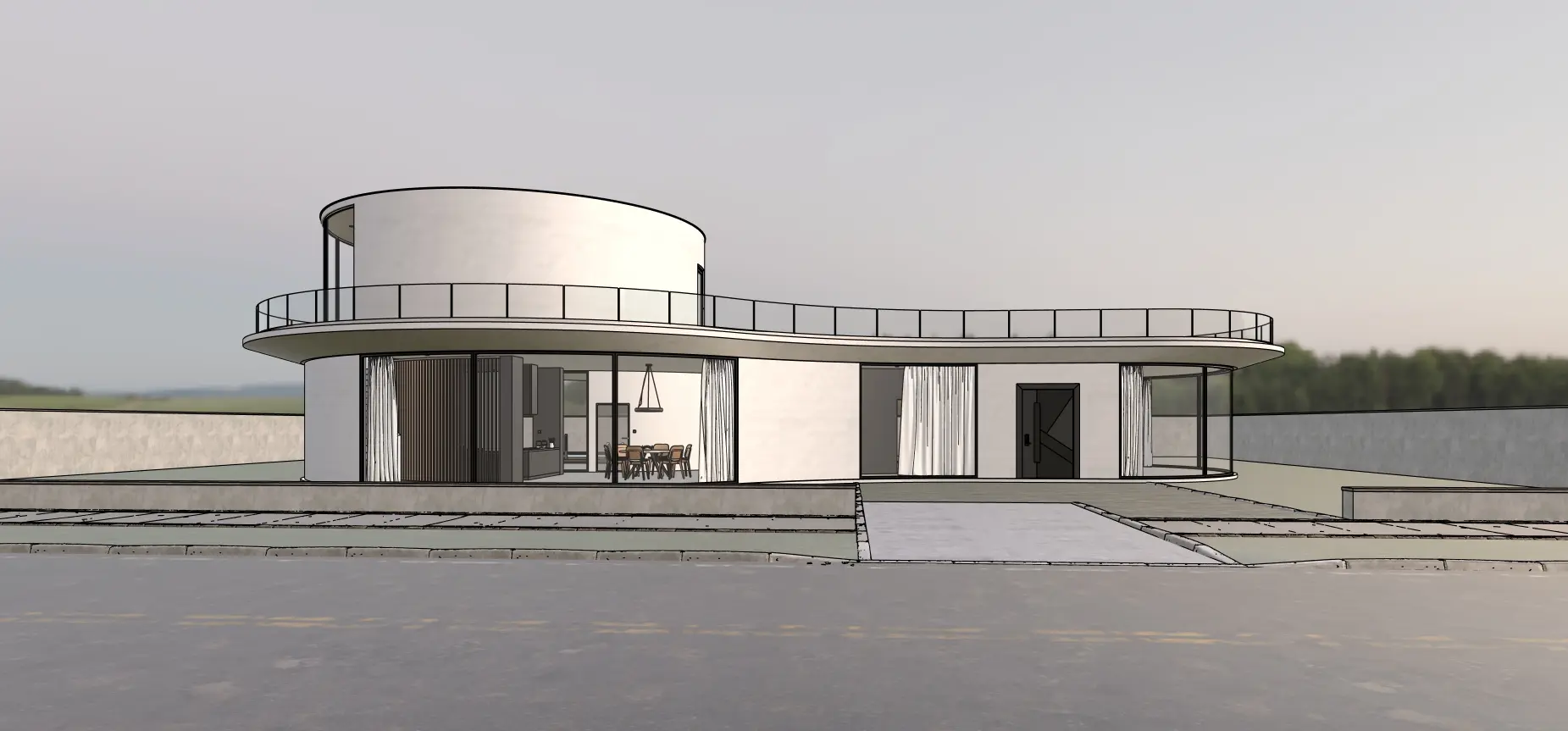 Modelo arquitectónico en SketchUp visualizado con colores sólidos planos, sin texturas ni interacción con la iluminación o el entorno.