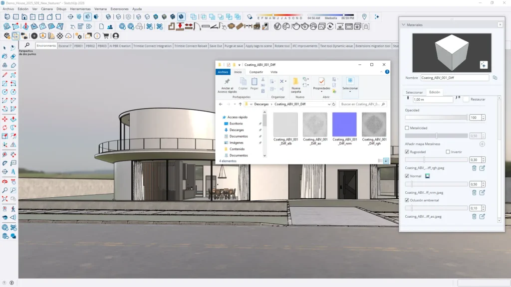Interfaz de exportación de un material PBR en SketchUp mostrando los distintos mapas