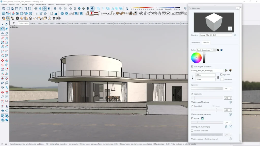 Captura de la ventana de edición de materiales en SketchUp mostrando las opciones disponibles para modificar color y textura.