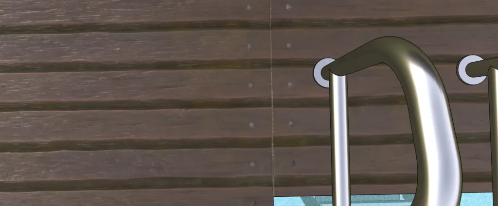 Detalle del material de madera aplicado en la zona de piscina, mostrando reflejos y variaciones de luz al interactuar con el entorno.