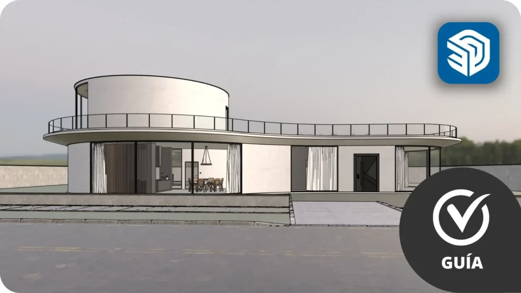 Guía de materiales en SketchUp con ejemplo de modelo 3D comparando materiales básicos y materiales PBR fotorrealistas, mostrando diferencias de textura, iluminación y realismo