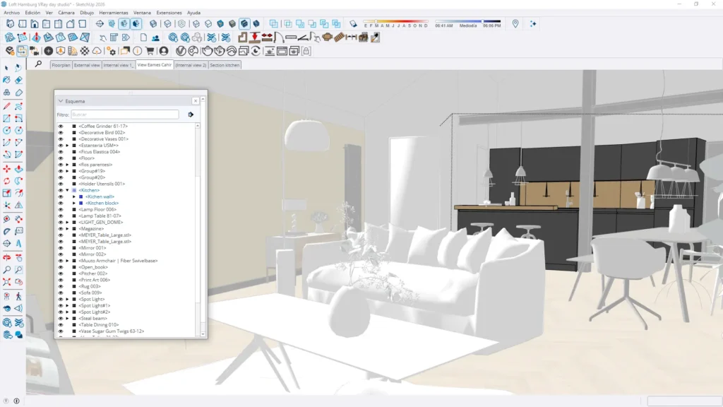 Captura de ecrã de um modelo 3D de secretária no SketchUp com a janela de esquema aberta, mostrando grupos e componentes hierárquicos