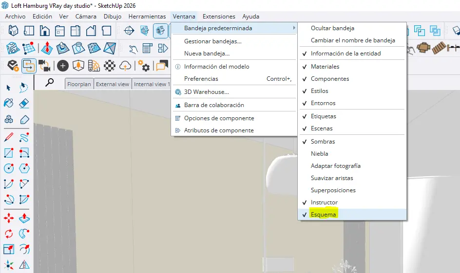 Captura do menu do SketchUp da bandeja padrão com a opção "Estrutura" selecionada.