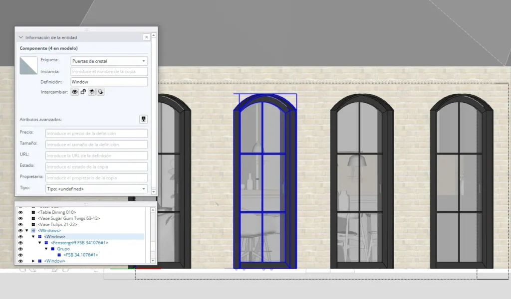 Captura da estrutura no SketchUp mostrando a desagregação da gaveta em grupos e componentes e informação da entidade.