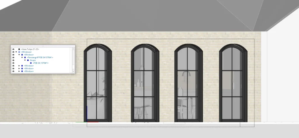Captura da Estrutura no SketchUp mostrando a desagregação da gaveta em grupos e componentes.