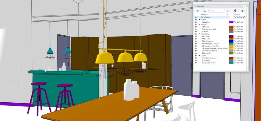 Janela de Etiquetas no SketchUp mostrando várias etiquetas e opções de cor por etiqueta ativada.