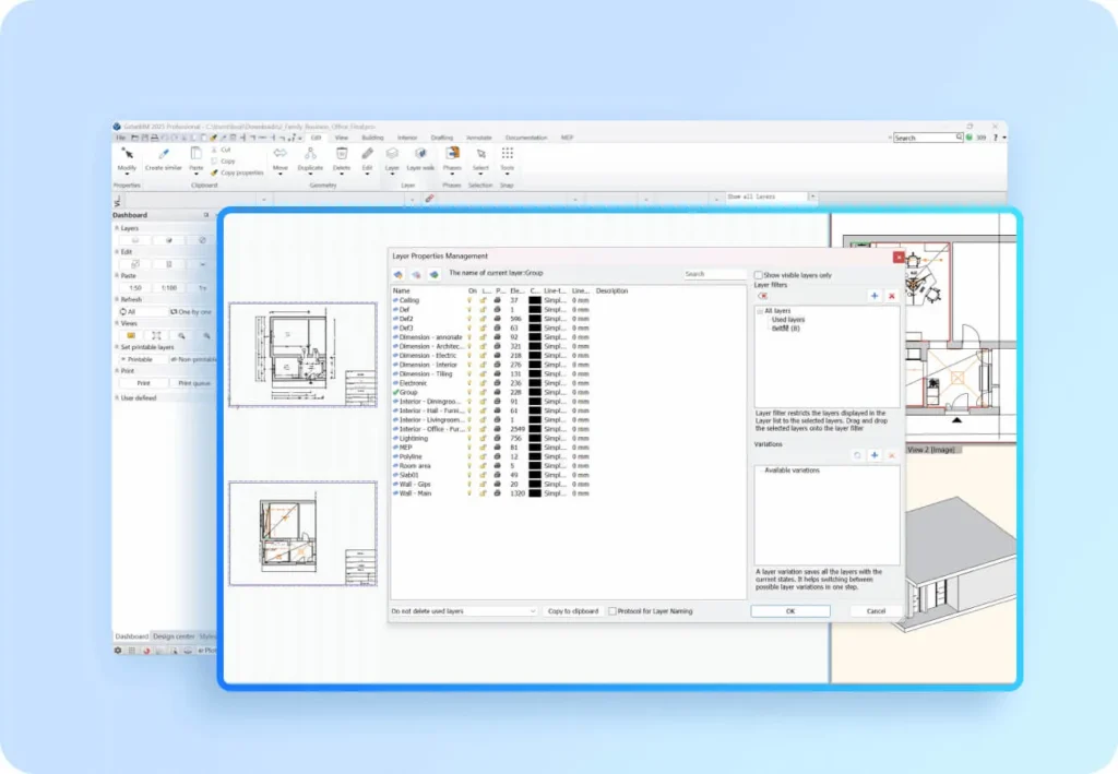 GstarBIM para gestión flexible de capas con control de visibilidad, tipos de línea y configuración de impresión en planos BIM