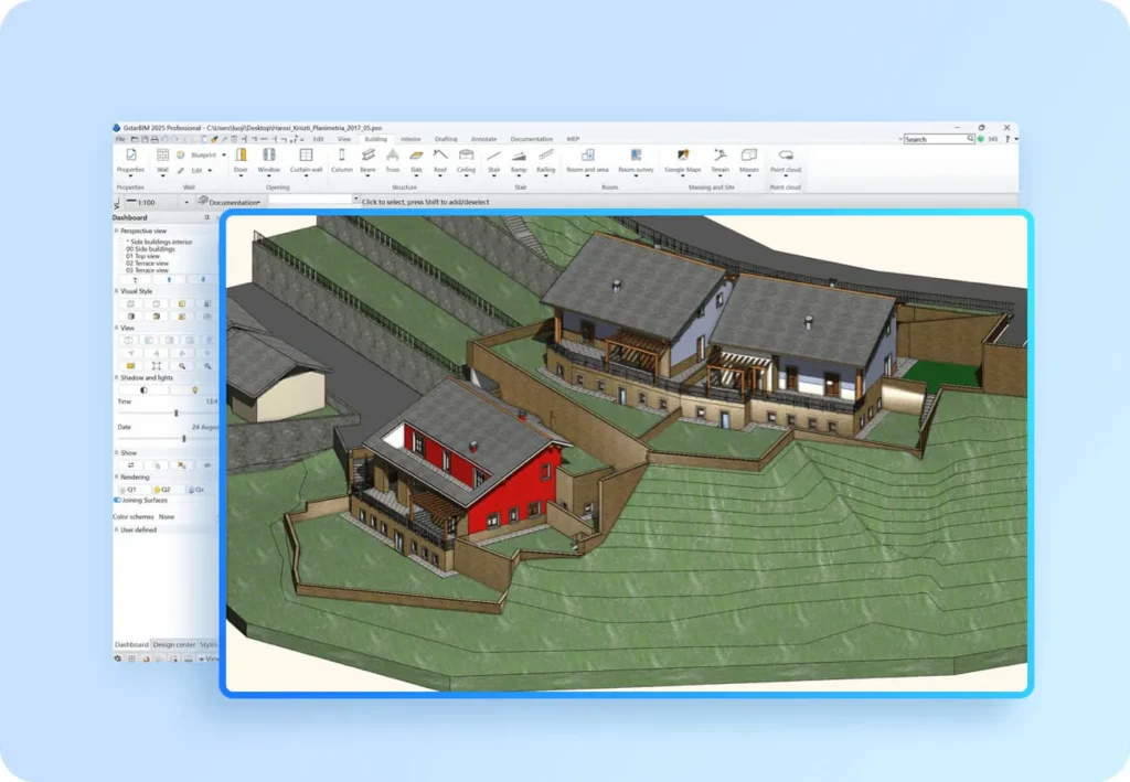 GstarBIM para diseño de edificios y masas arquitectónicas con modelado paramétrico de muros, cubiertas y terreno 3D