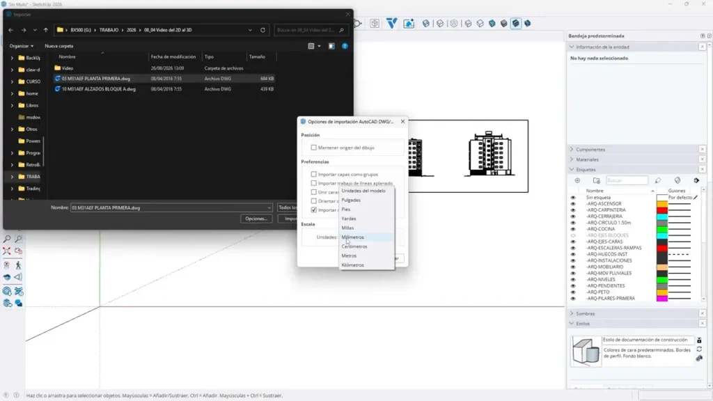 Importar un archivo DWG en SketchUp seleccionando las unidades correctas